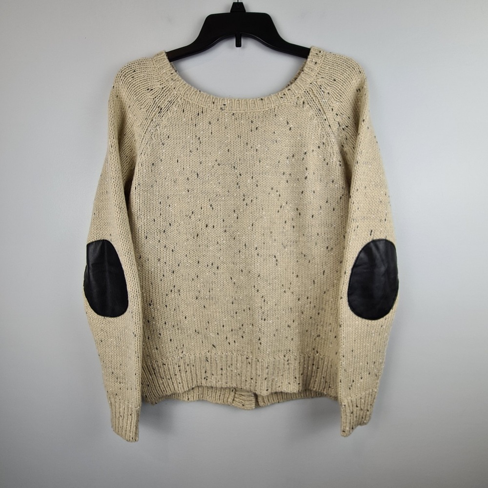 Market & Spruce Sweater Small Beige Black Marled Elbow Pads Button Back‎ Detail